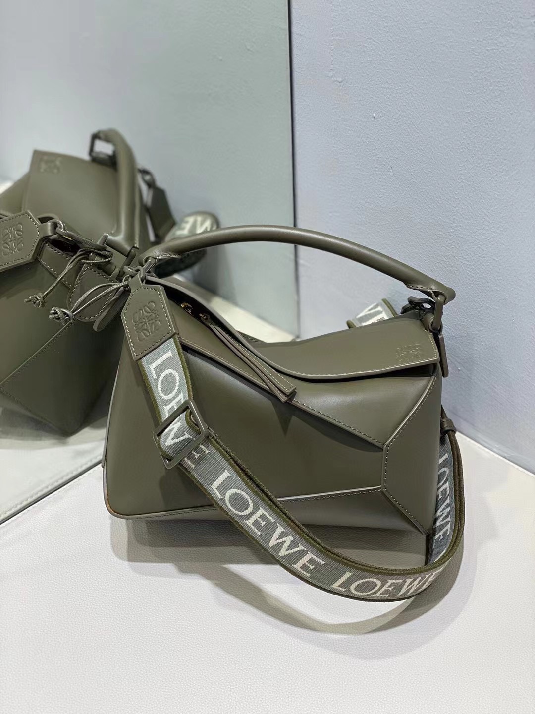 Loewe Small Puzzle Bag in Satin Calfskin Dark Khaki Green